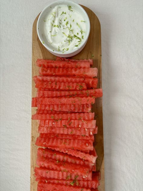 Watermelon Fries w/ Lime Yogurt Dip Watermelon Fries With Lime Dip, Watermelon Fries With Coconut Lime Dip, Dip For Watermelon, Watermelon Yogurt Bowl, Watermelon Yogurt, Yogurt Veggie Dip, Watermelon Fries, Greek Yogurt Veggie Dip, Nut Free Recipes