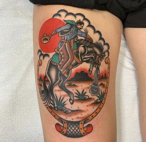 Traditional Cowboy Tattoo, Traditional Tattoo Horse, Cowboy Tattoo, Traditional Tattoo Flash Art, Cowgirl Tattoos, Cowboy Tattoos, Traditional Style Tattoo, Bottle Tattoo, Western Tattoos