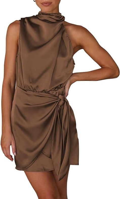 Fall fashion, women’s wedding guest, women’s wedding guest dress, fall wedding guest dress, fall wedding guest dress 2023, fall fashion 2023, fall fashion trends, fall fashion trends 2023, women’s fashion 2023, womens fashion Dresses Formal Short, Back Out Dress, Sofia Richie Aesthetic, Formal Satin Dress, Brown Dresses Formal, Colorful Romper, Amazon Clothing, Womens Short Dress, Sleeveless Mock Neck