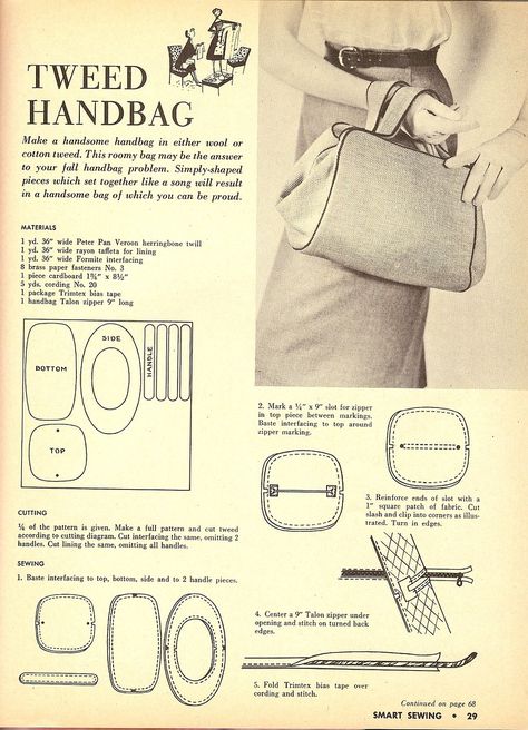 Bag1 | Photo and page 1of instructions for 1955 tweed handba… | Flickr Vintage Bag Patterns Free Sewing, Handbag Patterns Sewing, Handbag Sewing, Hang Bag, Tweed Purse, Tweed Handbag, Tweed Bag, Womens Handbag, Fall Handbags