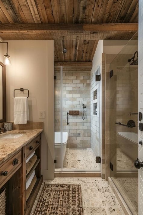 Rustic Bathroom With White Cabinets, Scandinavian Rustic Bathroom, Texas Bathroom, Lakehouse Bathroom, Log Home Bathrooms, Modern Rustic Bathroom, Master Shower Tile, Brown Tile Bathroom, Rustic Bathroom Shower