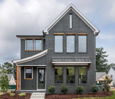 Dark Gray Modern Farmhouse Exterior, Sw Web Gray Exterior, Gray Painted Brick House, Dark Gray House Exterior, Exterior Color Ideas, Vinyl Siding Color Combinations, House Color Ideas, Dark Exterior House Colors, Grey Painted Brick