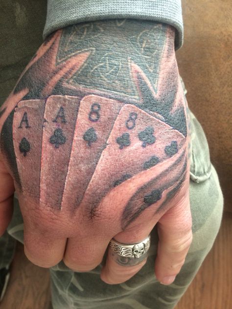 Dead mans hand Deadman Hand Tattoo, Deadmans Hand Tattoo Design, Aces And Eights Tattoo Ideas, Dead Mans Hand Tattoo, Western Hand Tattoos, Dead Mans Hand, Hand Tattoos Pictures, Hand Tattoo Images, Tattoo Dublin