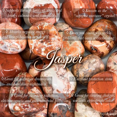 Jasper healing properties. Follow me for more crystal information! @labrujitalunacrystals on Pintrest. @labrujitaluna on instgram! Red Jasper Properties, Leopard Jasper Crystal Meaning, Witchy Corner, Jasper Types, Jasper Crystal Types, Jasper Properties, Crystal Information, Fancy Jasper, Crystals Healing