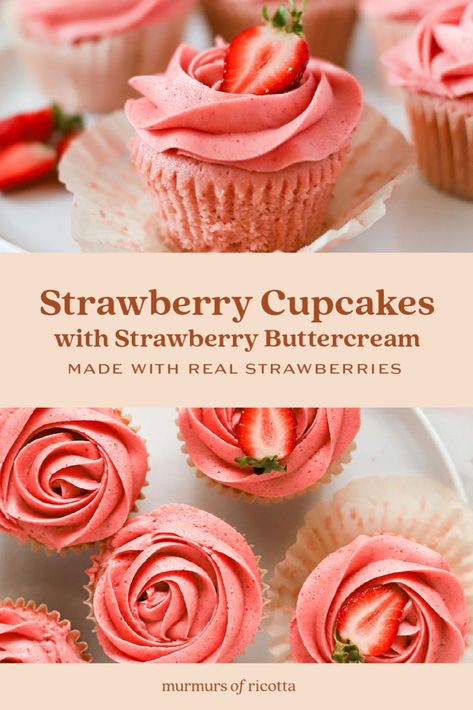 strawberry cupcake recipe Pink Strawberry Cupcakes, Gourmet Strawberry Cupcakes, Strawberry Puree Desserts, Strawberry Cupcake Recipe From Scratch, Strawberry Cupcake Ideas, Strawberry Cupcakes Aesthetic, Strawberry Themed Cupcakes, Cupcake Recipes Strawberry, Best Strawberry Cupcake Recipe