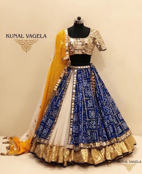 White Blue Bandhani Mirror Work Lehenga. #Frugal2Fab Bandhani Lehenga, Garba Dress, Mirror Work Lehenga, Bandhani Dress, Choli Dress, Navratri Dress, Indian Outfits Lehenga, Lehnga Dress, Work Lehenga