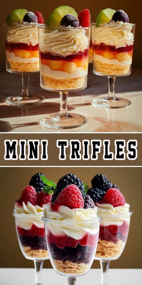 Serve these delightful Mini Trifles at your next party 🍨! Layers of creamy pudding, cake, and fruit make this dessert elegant and easy to prepare. Perfect for holidays or special occasions. #MiniTrifles #ElegantDesserts #PartyFood #LayeredDesserts #QuickRecipes Mini Dessert Shooters No Bake, Trifle In A Cup Mini Desserts, Individual Dessert Ideas For Party, Parfait Desserts Party, Desserts Individual Servings, Cake Shooters Shot Glass Desserts, Trifle In A Cup, Mini Trifles Desserts, Layered Desserts In A Cup