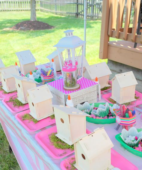 Birthday Craft Stations, Birdhouse Painting, Party Craft Ideas, Diy Fairy House, Glamping Essentials, Glamping Birthday Party, Glamping Birthday, Fairy Garden Birthday Party, Fairy House Crafts