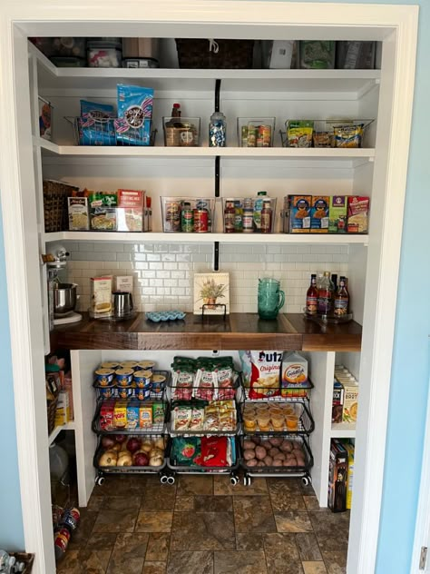 Small Deep Pantry Remodel, Panty Closet Makeover, Laundry Closet To Pantry, Old Pantry Makeover, Closet Turned Into Pantry, Closet Turned Pantry, Pantry Wall Shelving Ideas, Closet Pantry Makeover, Double Door Pantry Ideas