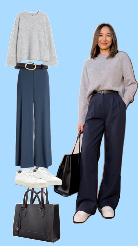 A woman in a grey sweater with blue pants and black designer accessories showing a cute, casual and chic outfit for fall Outfit Formulas Women, Fall Work Outfit, Fall Office Outfits, Work Outfit Ideas, Outfit Formulas, Outfit For Women, Fall Outfits For Work, Office Outfit, Outfit Fall