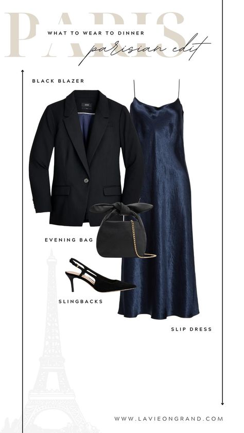 What to wear to dinner in Paris, a blue silk dress, black blazer, slingbacks, and small black purse. Parisian Dinner Party Outfit, Cocktail Lunch Outfit, Parisian Holiday Outfit, Parisian Evening Outfit, Parisian Dinner Outfit, Parisian Summer Style Outfits, Evening In Paris Outfit, Parisian Party Outfit, Paris Evening Outfit