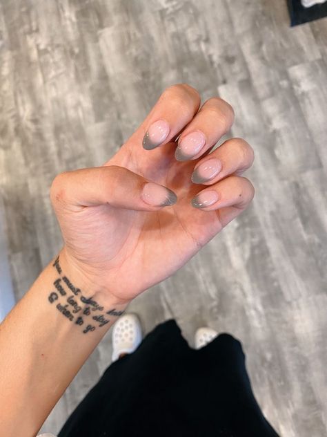 Grey Almond French Tip Nails, French Tip Nails Gray, Grey Nail Tip Designs, Almond Nail French Tip Color, Charcoal Grey French Tip Nails, Gray French Tip Nails Almond, Grey Almond Shaped Nails, French Tip Grey Nails, Grey Tipped Nails