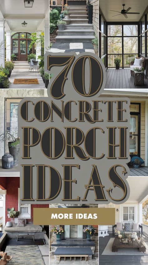 Transform your home’s exterior with these 70 elegant concrete porch ideas! From cozy seating to chic layouts, find creative inspiration for patios, front porches, and outdoor retreats. Perfect for any style and space. #ConcretePorchIdeas #OutdoorLiving #PorchDecor #HomeDesign #PatioInspiration Redo Front Porch Concrete, Creating A Front Porch, Concrete Colors Patios, Elevated Concrete Porch, Wrap Around Concrete Patio, Front Concrete Patio Ideas, Front Concrete Porch Ideas, Concrete Front Porch Ideas Cement Patio, Modern Covered Porch