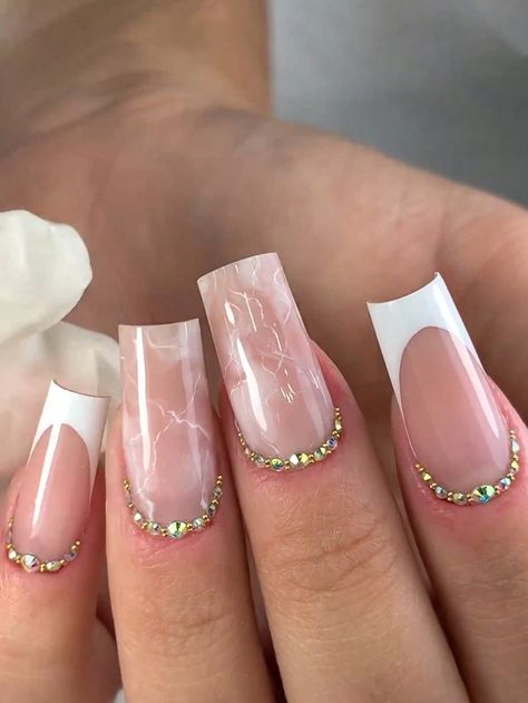 24pcs/set Medium Long Square Fashionable & Simplistic French Style Marbled, Rhinestone Decor False Nails Set For Showing White FingertipsI discovered amazing products on SHEIN.com, come check them out! Baddie Nail Designs, Pink Coffin, Bow Designs, Nagel Tips, Manicure Tips, Coffin Press On Nails, Creative Nail Designs, Ballerina Nails, Nails Set