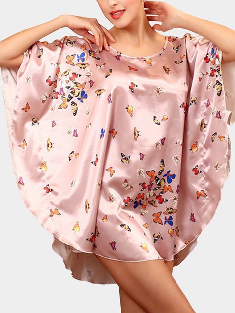 This pajama is in fashion and sexy style. It is designed with printed pattern,round neck and bat sleeve design. You will never regret to have one!!! Loose Nightgown, Silk Nightwear, Moo Moo, Plus Size Sleepwear, Print Butterfly, Silk Nightgown, Silk Sleepwear, Women's Robe, Women's Nightgowns