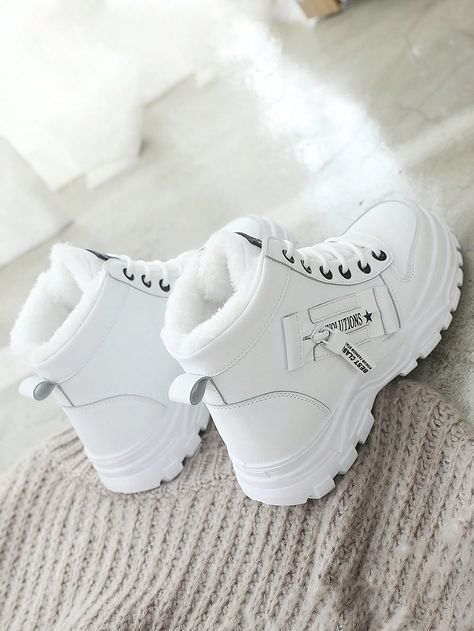 Women's Fashionable White Sneakers 2023 New Comfortable Lace-up Round Toe Sporty Casual Shoes Warm Fleece-lined Snow BootsI discovered amazing products on SHEIN.com, come check them out! Sepatu Platform, Snow Sneakers, Warm Winter Boots, High Top Boots, Chunky Shoes, Warm Shoes, Shoes Boots Ankle, Platform Ankle Boots, Winter Snow Boots