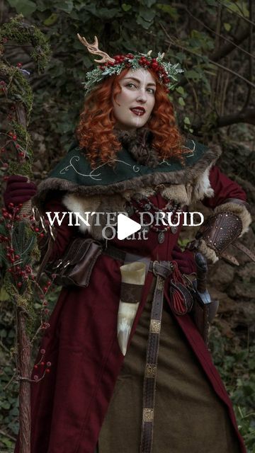 Hannah | 🌿 Styling Winter Druid Outfit 🌿  ⚔️ Leather bracers, fur cape and belt accesories @elmarqueslarpshop 💡 Oberon horns @creador... | Instagram Winter Larp Outfit, Yule Outfit Pagan, Celtic Christmas Costumes, Yule Outfit, Winter Witch Outfit, Druid Cosplay, Winter Witch, Druid Outfit, Christmas Costumes Diy