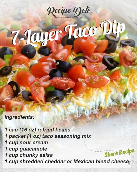 Recipe Deli - 7-Layer Taco Dip Ingredients: 1 can (16... 6 Layer Dip, Layered Mexican Dip Recipe, 5 Layer Dip Mexican, 7 Layer Dip Mexican, 7 Layer Bean Dip Recipe, Taco Layer Dip, 7layer Dip, Easy Layered Nacho Dip, Baked Taco Dip