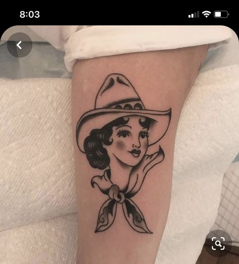 Cowgirl Shoulder Tattoo, Western Lady Tattoo, Cowgirl Face Tattoo, American Traditional Cowgirl Tattoo, American Traditional Cowgirl, Cowgirl Tattoos Traditional, American Traditional Woman, Traditional Cowgirl Tattoo, Modern Traditional Tattoos