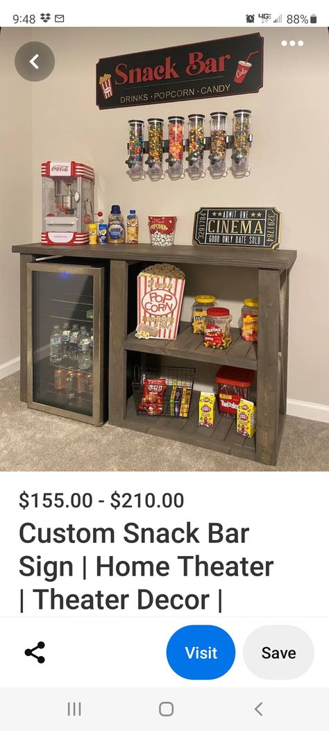 Movie Room Popcorn Bar, Popcorn Station Ideas Home, Spare Room Hangout, Popcorn Bar Basement, Bonus Room Snack Bar Ideas, Game Loft Ideas, Basement Popcorn Station, Home Popcorn Station, Movie Bar Ideas