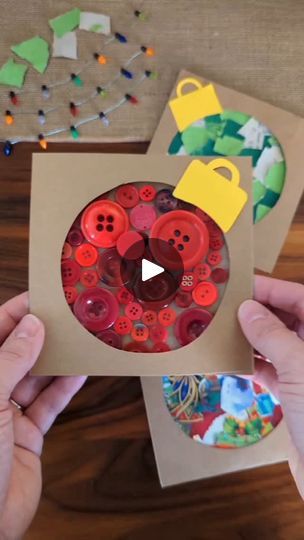 184K views · 12K reactions | Christmas Ornament Collage 🎄

An easy, mess-free Christmas craft! I put double sided tape on a piece of paper. The tape can be filled with any craft supply you have! We used buttons, paper, and scraps from old Christmas cards. Then, we covered the collage with a circle cut out and added an ornament cap in the corner!

#kidcrafts #easycrafts #invitationtocreate #holidaycrafts #christmascrafts #diygift #holidaygift #papercrafts | Jen Buchheit Button Christmas Ornaments, Christmas Cards Handmade Easy, Fun Preschool Crafts, Kids Art Space, Old Christmas Cards, Free Christmas Crafts, Santa Workshop, Kid Friendly Crafts, Piece Of Paper