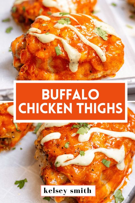 Two chicken thighs covered in buffalo sauce and drizzles with ranch dressing. Buffalo Chicken Thigh Recipes, Buffalo Chicken Keto Recipes, Hot Sauce Chicken Recipes, Keto Chicken Thighs Bone In, Buffalo Chicken Thighs Boneless, Bone In Skin On Chicken Thighs, Baked Chicken Thighs Bone In Skin On, Fall Chicken Thigh Recipes, Bone In Skin On Chicken Thigh Recipes