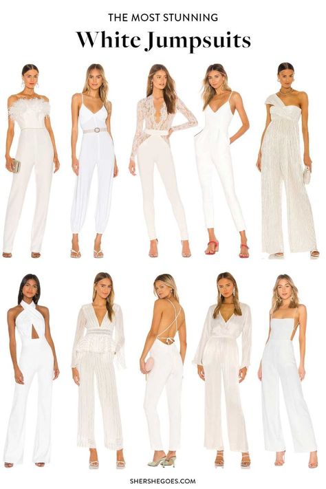 looking for the perfect white jumpsuit to wear for the big day, or a wedding event? then check out these wedding worthy white jumpsuits! #jumpsuit #whitejumpsuit #weddinglook #weddingjumpsuit #weddingoutfit #weddingstyle #weddings #bridetobe White Jump Suites Outfit, Simple White Jumpsuit Wedding, Jumpsuit Bride Wedding, White Wedding Pantsuit For Women, Hairstyle For Jumpsuit Outfit Wedding, Formal White Jumpsuit, All White Wedding Outfits For Women, Jumpsuit Outfit For Women, All White Day Party Outfits