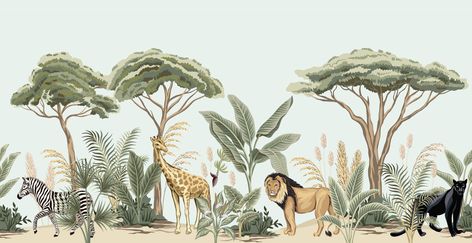 Safari Nursery Wallpaper, Panther Animal, Wallpaper Jungle, Geometric Removable Wallpaper, African Tree, Kindergarten Wallpaper, Jungle Tree, Safari Wallpaper, Image Vintage