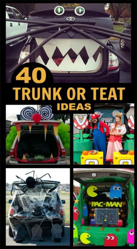 TONS of creative trunk themes for Halloween trick-or-treating #halloween #trunkortreatideasforcars #trunkortreat #halloweentrunks #growingajeweledrose #activitiesforkids Halloween Trunk Ideas, Trunk Or Treat Decor, Easy Trunk Or Treat Ideas, Easy Trunk Or Treat, Trunker Treat Ideas, Halloween Car Decorations, Trunk Ideas, Boo Bash, Trunk Or Treat Ideas