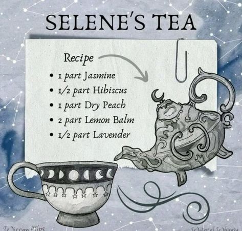 Tea For Witches, Selene The Moon Goddess, Intentions Witchcraft, Selene Goddess Of The Moon, Selene Goddess, Tea Witch, Cycles Of The Moon, Moon Tea, Tea Blends Recipes