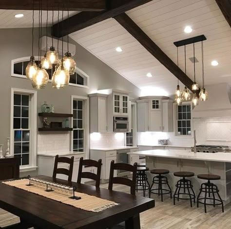 50s Bathroom, Kitchen And Dining Room, Open Concept Kitchen, Decor Home Living Room, Ceiling Beams, Open Kitchen, Dream Home Design, Open Concept, Room Table