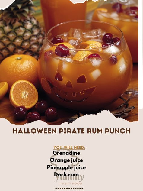 🏴‍☠️🍹 Get ready to set sail with Halloween Pirate Rum Punch! A deliciously festive drink that will make your Halloween party unforgettable! Halloween Pirate Rum Punch Ingredients: Dark rum (1 ½ cups) Pineapple juice (2 cups) Orange juice (1 cup) Grenadine (1/2 cup) Ginger ale (1 ½ cups) Ice (as needed) Fresh fruit (for garnish, like oranges and cherries) Instructions: In a large punch bowl, combine dark rum, pineapple juice, orange juice, and grenadine. Stir gently and add ginger ale just... Rum Halloween Punch, Halloween Rum Punch, Autumn Rum Punch, Pirate Rum Punch, Halloween Jungle Juice, Dark Rum Drinks, Pirate Rum, Pirate Drinks, Cider Punch