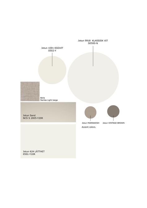 Color mood board Jotun Sand and Jotun Eggvit, Jotun Marrakesh, Vintage brown. Minimalistic color board by Anahita Poura Jotun Reflection 1622, Jotun Sand 1140, Summer Snow Jotun, Jotun Egg White 1001, Modern Beige Jotun, Egg White Jotun, Jotun Marrakesh, Sand Jotun, Modern House Colors