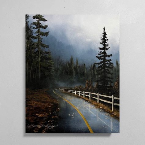 Easy Realistic Paintings Acrylic, Canvas Painting Ideas Nature, Dark Landscape Painting, Acrylic Painting Aesthetic, Oil Painting Aesthetic, Aesthetic Painting Ideas On Canvas, Beautiful Acrylic Painting, Easy Acrylic Painting Ideas, Road Painting