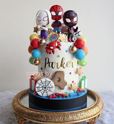 Jackie Florendo 🇵🇭 on Instagram: “Can you feel it with your spideysense? Parker is turning 4 and he’s partying with his amazing friends! #cakesbyjackieflorendo…” Spidey Birthday Party Cake, 3rd Birthday Spiderman Cake, Spin Cake Spiderman, Spidey Friends Birthday Cake, Spidey And Amazing Friends Party, Spidie And Friends Cake, Spidy Birthday Cakes, Spidy And Friends Cake Birthday Boys, Spider And His Amazing Friends Birthday Cake