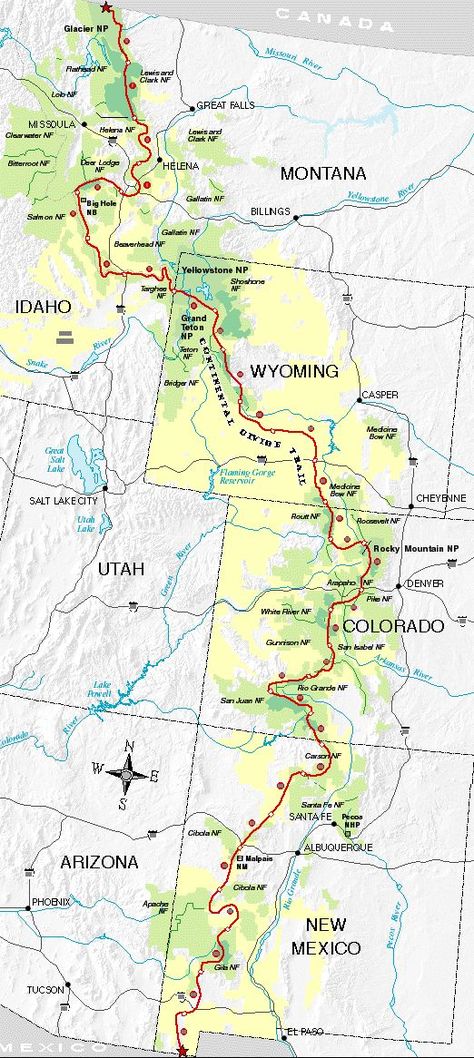 Continental Divide Trail - 3,100 miles, 4 states.    CDT (Continental Divide Trail) Map Continental Divide Trail, Road Trip Map, Into The West, Kayak Accessories, Trail Map, Continental Divide, Thru Hiking, American Road Trip, Destination Voyage