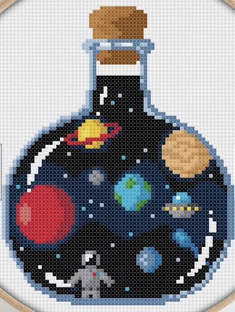 Galaxy Pixel Art, Planet Pixel Art, Space Cross Stitch, Art Perle, Fuse Bead Patterns, Diy Perler Bead Crafts, Pixel Crochet, Bead Sprite, Tapestry Crochet Patterns