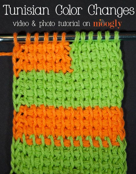 Tunisian Color Changes - learn 3 methods on Moogly! Change Colors In Crochet, Afghan Stitch, Tunisian Crochet Patterns, Tunisian Crochet Stitches, Crochet Stitches Tutorial, Crochet Instructions, Crochet Stitches Patterns, Tunisian Crochet, Crochet Stitch