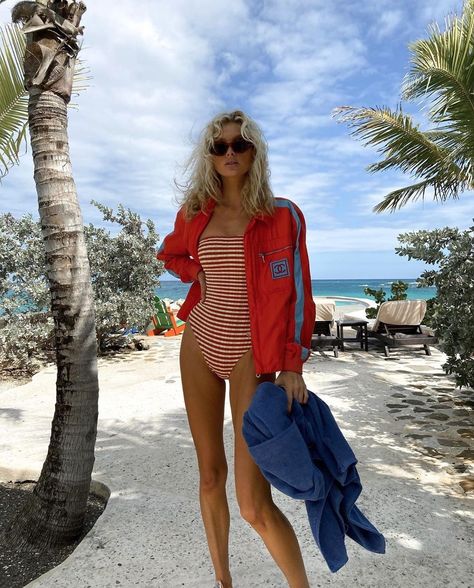 Elsa Hosk November 2019 Red Swimsuit Outfit, Elsa Hosk Style, Stripy Tops, Fashion Outfits Men, Denim Swimsuit, Green One Piece Swimsuit, Fallen Angels, 20s Fashion, Elsa Hosk