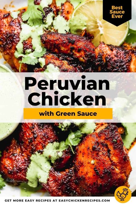 So easy, but loaded with fresh and vibrant flavors, this Peruvian chicken is one delicious dinner. Marinated with lime, spices and herbs and drizzled with a cilantro green sauce, this chicken thigh recipe is a must! Peruvian Chicken With Green Sauce, Chicken With Green Sauce, Peruvian Chicken Recipe, Popular Meals, Creamy Cilantro Sauce, Honey Mustard Chicken Thighs, Green Sauce Recipe, Chicken Pollo, Peruvian Chicken