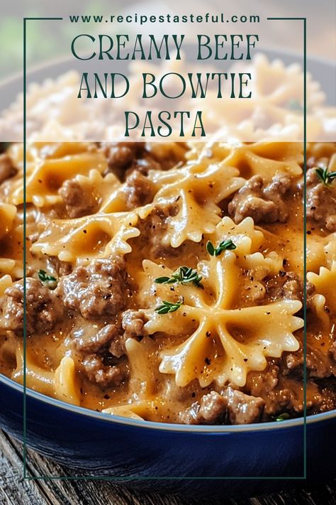 This creamy beef and bowtie pasta is a hearty, comforting dish that combines tender pasta with savory ground beef and a rich, cheesy sauce. Perfect for busy weeknights, it’s quick to prepare and sure to please the whole family. Pasta And Meat Casserole, Pioneer Woman Bowtie Pasta, Bow Tie Dinner Recipes, Ground Beef Cheesy Pasta, Creamy Bow Tie Pasta With Ground Beef, Baked Ground Beef Pasta, Velveeta Beef Bowtie Pasta, Cheesy Beef Pasta Recipes, Creamy Beef Noodle Casserole