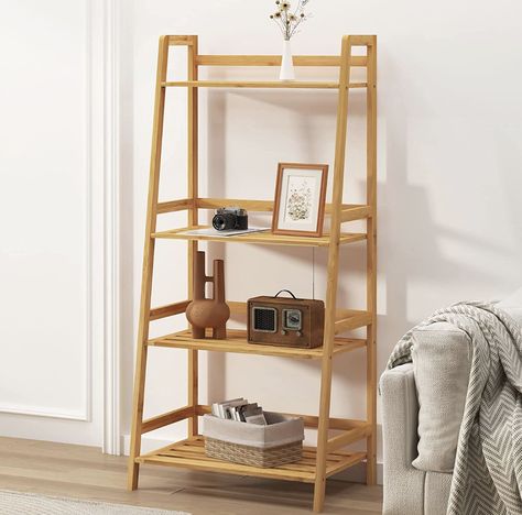 SogesHome 4 Tier Storage Rack Bookshelf Stand Bathroom Shelf Book Shelf Plant Display Shelf Ladder Shelf, Oak, NSDCA-KS-HSJ-02 Bamboo Ladders, Balcony Bedroom, Ladder Bookshelf, Bedroom Garden, Book Rack, Bedroom Redo, Support Plante, Bathroom Storage Shelves, Room Balcony