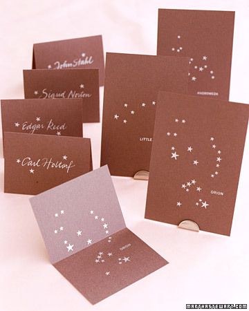 Instead of labeling each table with a number, give each a constellation. Stamp it on a card, and place in a holder. Then guide your guests to their tables by making them seating cards with their table's constellation inside. Creative Seating Cards, Star Themed Wedding, Wedding Seating Cards, Card Table Wedding, Seating Cards, Star Wedding, Wedding Seating, Wedding Table Numbers, Table Cards