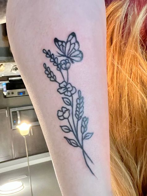 Larkspur Flower Tattoo With Butterfly, Larkspur Butterfly Tattoo, Butterfly Bush Tattoo Flower, Butterfly Bush Tattoo, Larkspur Flower Tattoos, Tattoo With Butterfly, Bluebonnet Tattoo, Larkspur Tattoo, Larkspur Flower