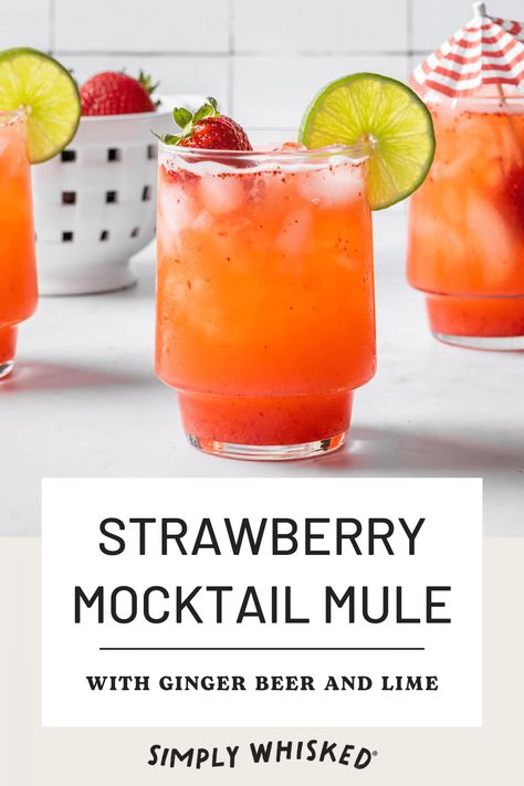 Lime and ginger beer are balanced by sweet strawberry and simple syrup in this alcohol free mule. Garnish this strawberry mocktail with a lime wheel and cocktail umbrella for a beautiful family-friendly drink. Non Alcoholic Mule, Strawberry Mango Mocktail, Mocktail Mule Recipe, Strawberry Lime Mocktail, Moscow Mule Mocktail Recipe, Mule Mocktails, Mocktail Mule, Mocktail Strawberry, Strawberry Mule