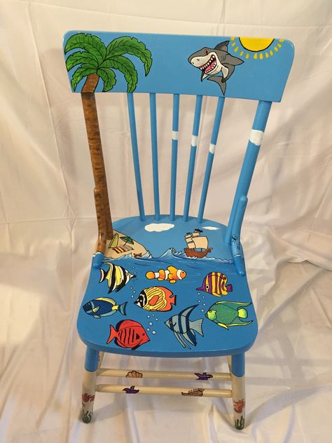 Painted Chairs Ideas, Painting Chairs, Painted Kids Chairs, Painted Wood Chairs, Childrens Desk And Chair, Painted Accent Table, Mackenzie Childs Diy, Painted Rocking Chairs, Diy Rocking Chair