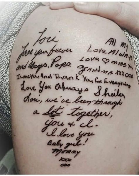 Handwriting Tattoo Placement Ideas, Family Signature Tattoo, Family Memorial Tattoos, Signature Tattoo Ideas, Serious Tattoos, Signature Tattoo, Collage Tattoo, Memorial Tattoo Quotes, Knitting Tattoo