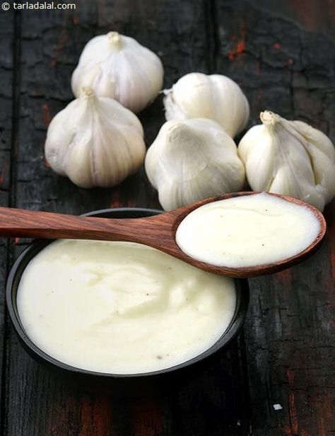 Lebanese Garlic Sauce recipe | Lebanese Recipes | by Tarla Dalal | Tarladalal.com | #22579 Arabisk Mad, Lebanese Garlic Sauce, Garlic Sauce Recipe, Marinade Sauce, Eastern Cuisine, Lebanese Recipes, Savory Sauce, Homemade Sauce, Middle Eastern Recipes