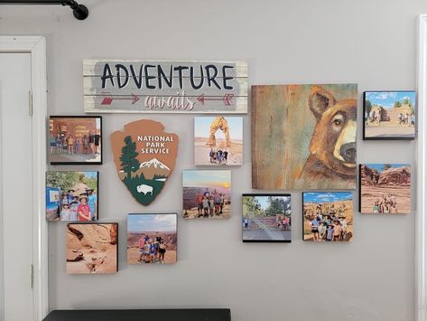 National Park Picture Display, Adventure Photo Wall, Adventure Picture Wall, National Parks Decor Ideas, National Parks Bedroom Theme, National Park Decor Home, Travel Picture Wall Ideas, National Parks Themed Room, National Park Wall Decor