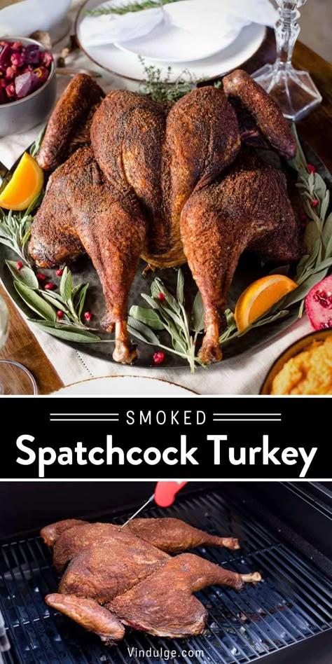 A Smoked Spatchcocked Turkey is a game changer for the holidays or any special occasion. Spatchcocking a turkey (removing the backbone and flattening it) allows it to cook faster, and also more evenly versus a traditional whole bird. And smoking a turkey adds amazing flavor that cannot be replicated in the oven. Learn the steps for the perfect holiday turkey with an added spicy and savory Cajun seasoning. Smoked Spatchcock Turkey, Spatchcocked Turkey, Smoked Whole Turkey, Spatchcock Turkey Recipe, Spatchcock Turkey, Smoked Turkey Recipes, Pellet Grill Recipes, Traeger Recipes, Grilled Turkey